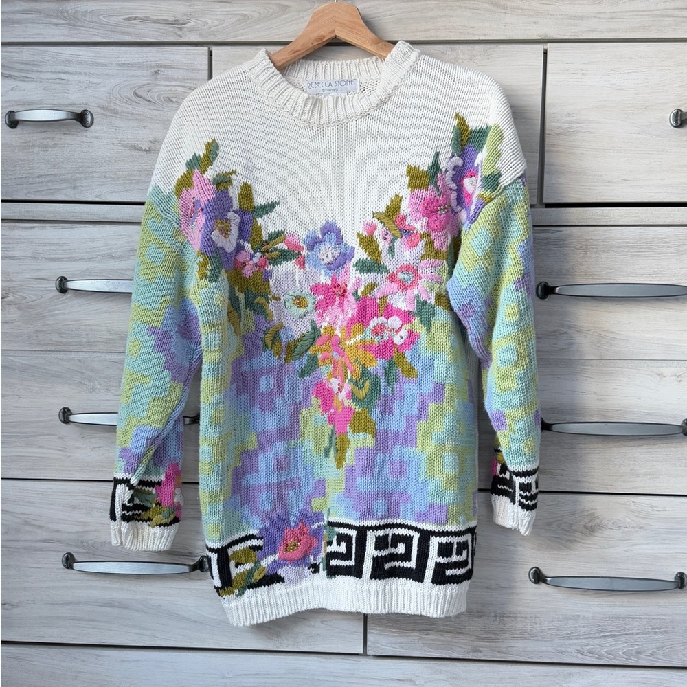 Multi-coloured floral vintage knit sweater by Rebecca Stone size L